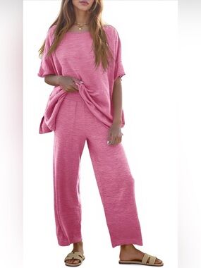 FP INSPIRED Women's 2 PIECE Bright Pink Short Sleeve And Pant Knit Sweater Set